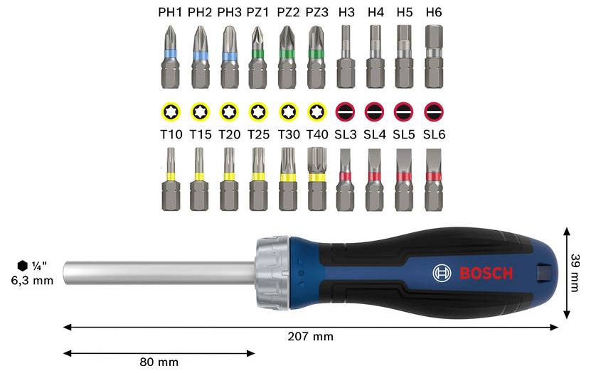 Bosch screwdriver with 10 interchangeable bits shown above: PH, PZ, H, T, and SL sizes; dimensions labeled 207 mm length, 80 mm shaft, 39 mm handle width, 6.3 mm hex shank.