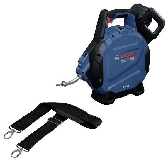 Bosch retractable hose reel with attached metal hose end and separate shoulder strap on a white background.