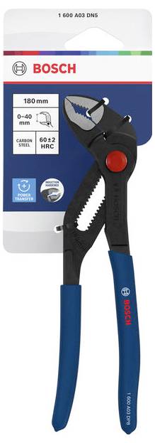 Bosch 180 mm cable cutter with black-and-blue handles, shown on product packaging highlighting 0-40 mm range and 60-62 HRC carbon steel.