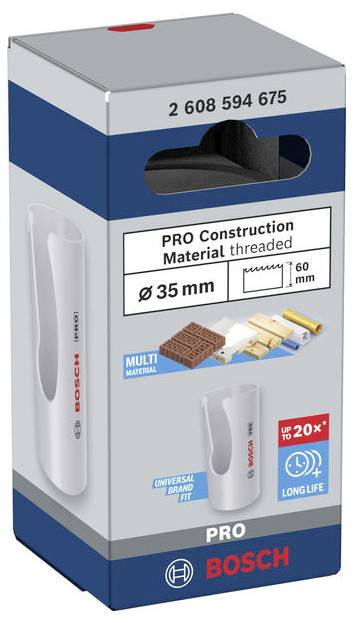 Bosch PRO Construction Material threaded hole saw packaging, showing a 35 mm multi-material cutter with long-life and universal brand fit labels.