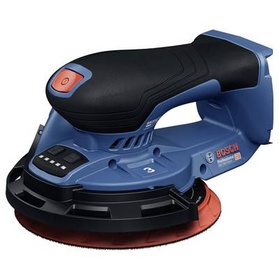 Blue Bosch cordless power sander with a black grip and red sanding pad, shown in side view on a white background.