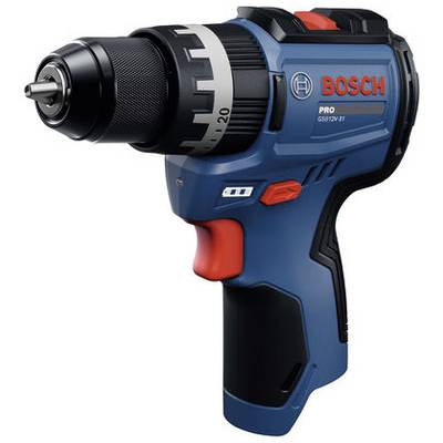 Blue Bosch cordless drill with black chuck and red trigger, shown in side view on a white background.