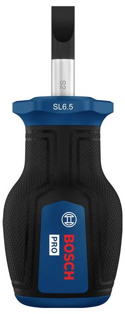 Bosch PRO SL6.5 screwdriver with black and blue ergonomic handle and flat tip<br>