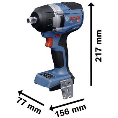 Bosch cordless impact wrench shown in profile, with size dimensions labeled 217 mm tall, 156 mm long, and 77 mm wide.