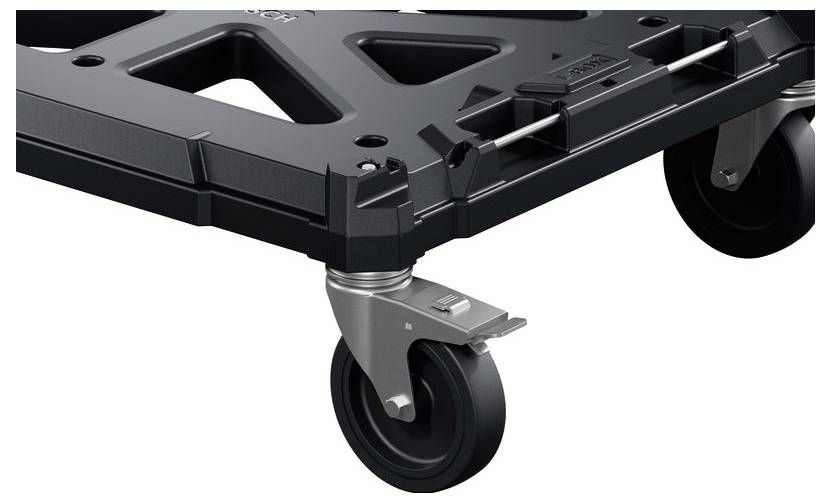 Close-up of a black plastic platform cart with a front swivel caster wheel and metal mounting bracket on a white background.