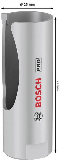 Bosch PRO cylindrical core drill bit, 25 mm diameter and 60 mm long, shown with dimensions on a white background.