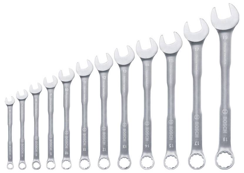 Set of 12 Bosch combination wrenches arranged from smallest to largest on a white background, with sizes labeled on each tool.