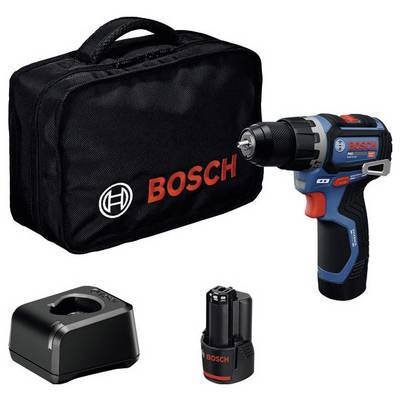 Bosch cordless drill kit with carrying bag, charger, and battery pack on a white background.