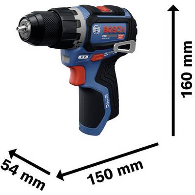 Bosch cordless drill/driver shown with dimensions 160 mm tall, 150 mm long, and 54 mm wide.<br>
