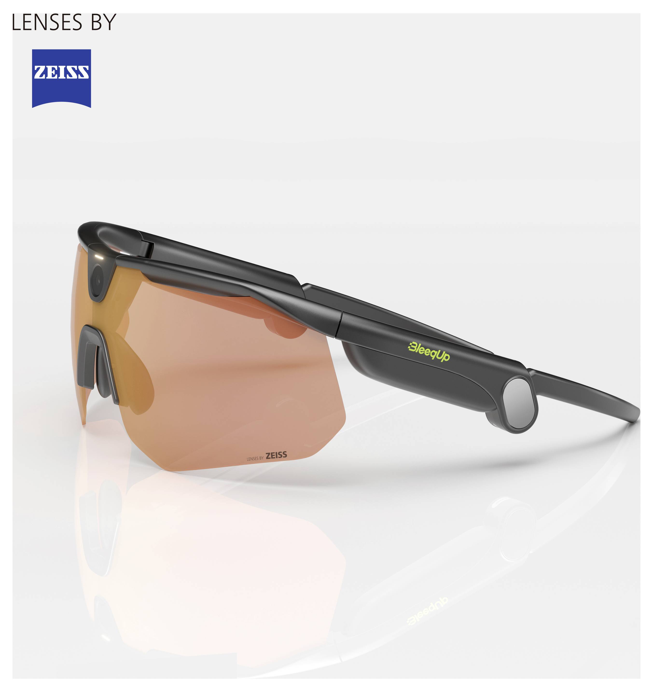 Black and orange ZEISS SleepUp eyewear with tinted lens, shown in side view on a white background.