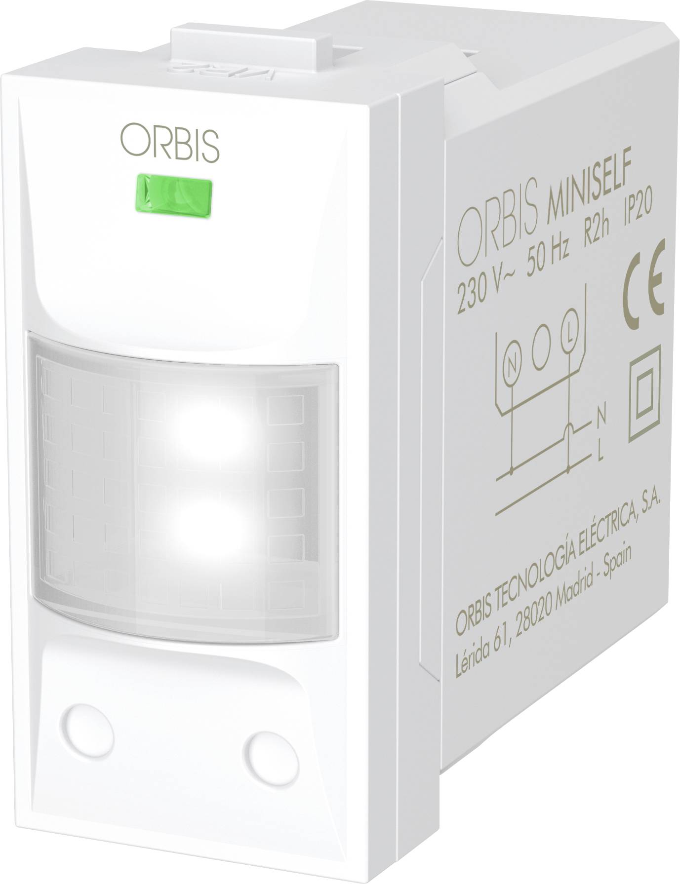 White ORBIS MINISELF electrical device with a green indicator light and front sensor window, labeled 230V~ 50Hz 2A IP20.