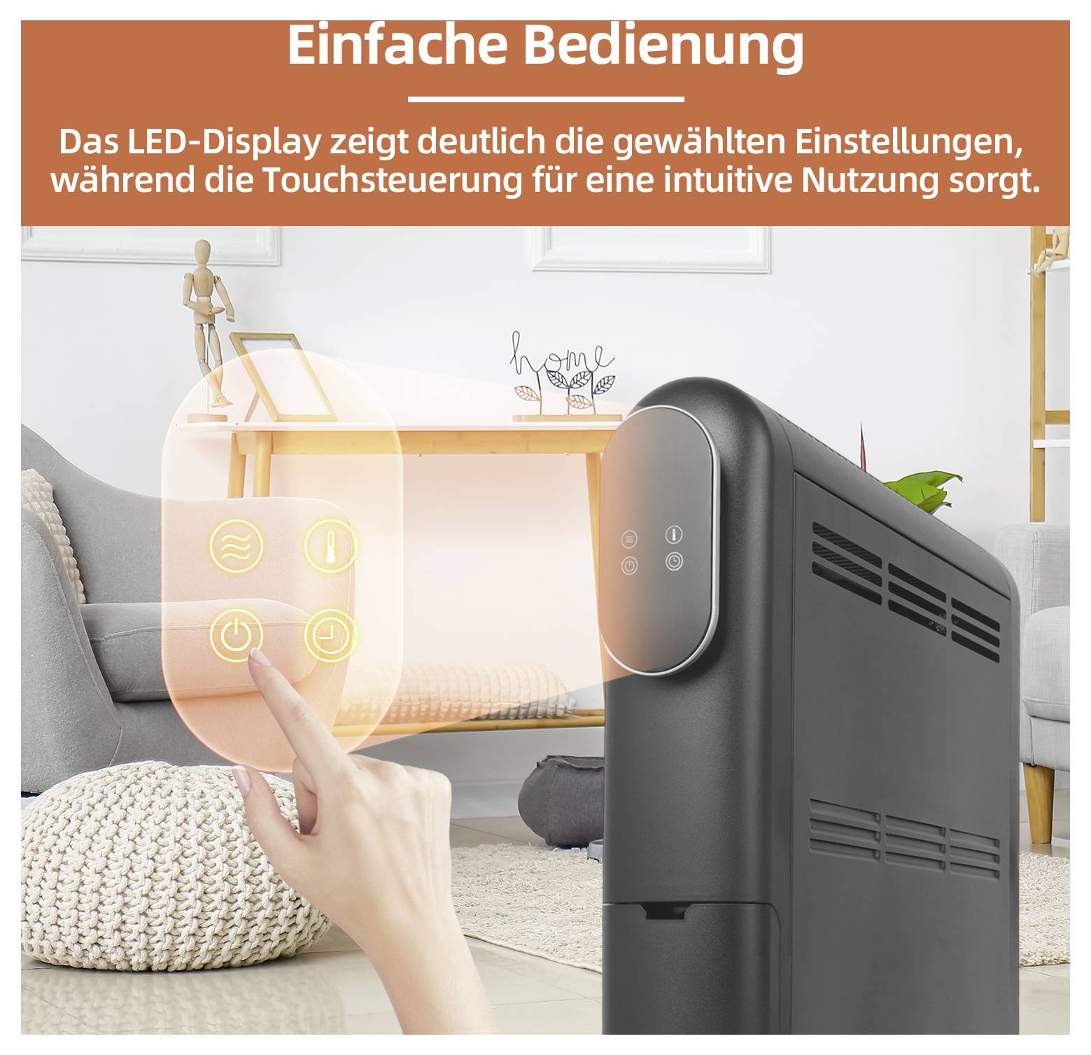 Infrared heater in a living room with a hand using touch controls; German text says 'Easy operation' and notes the LED display shows settings clearly.