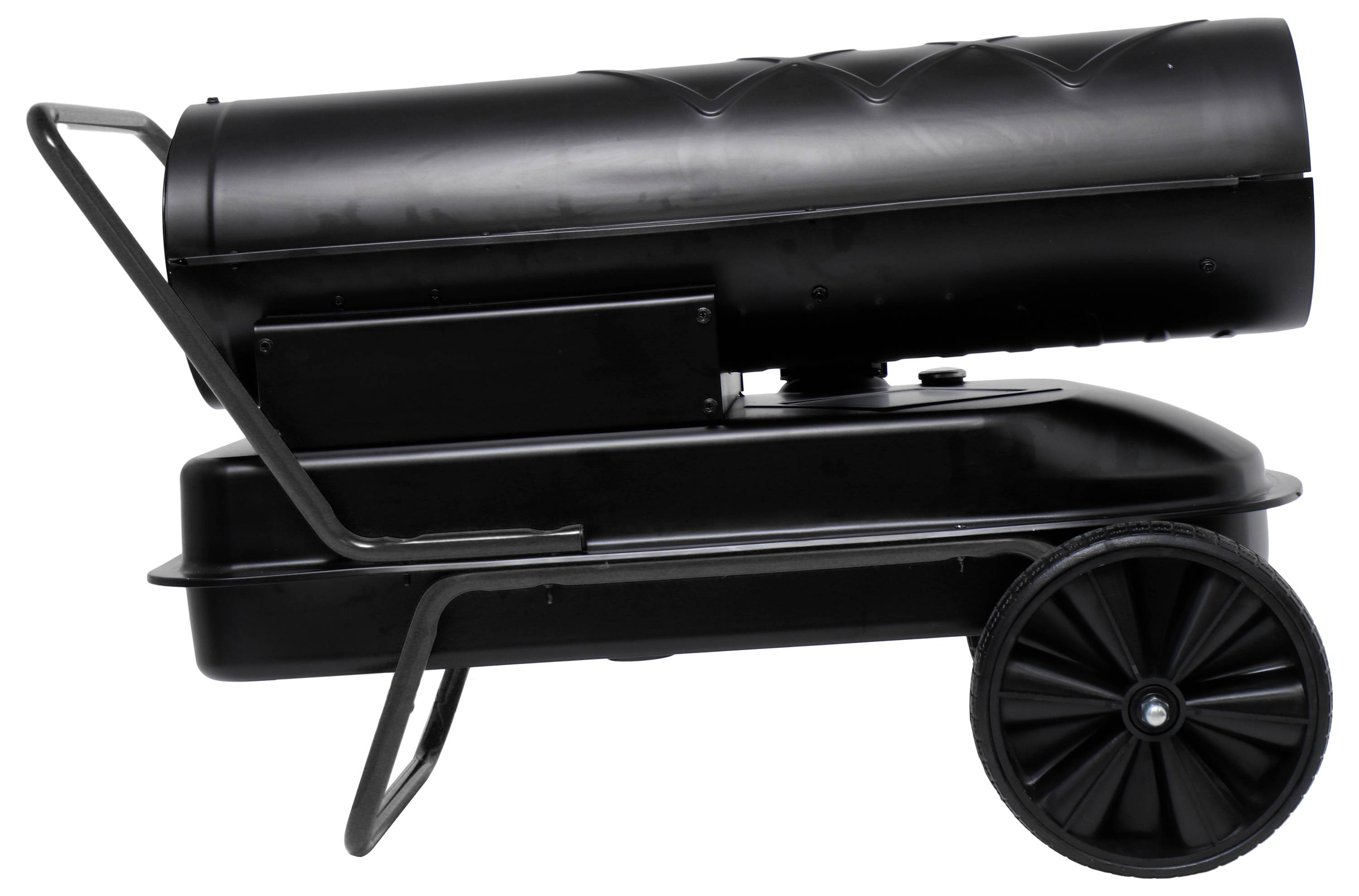 Black portable cylindrical heater with handle, stand, and wheels on a white background.