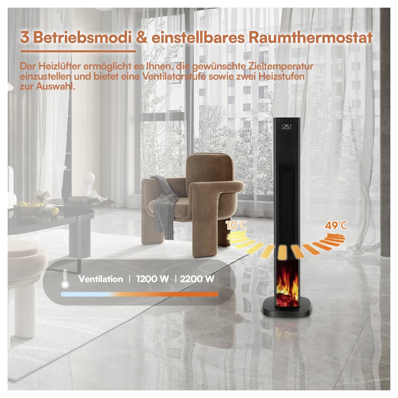Advertising graphic for a tower heater with German text: '3 Betriebsmodi & einstellbares Raumthermostat'; shows ventilation and two heat levels, 10°C to 49°C, in a living room.