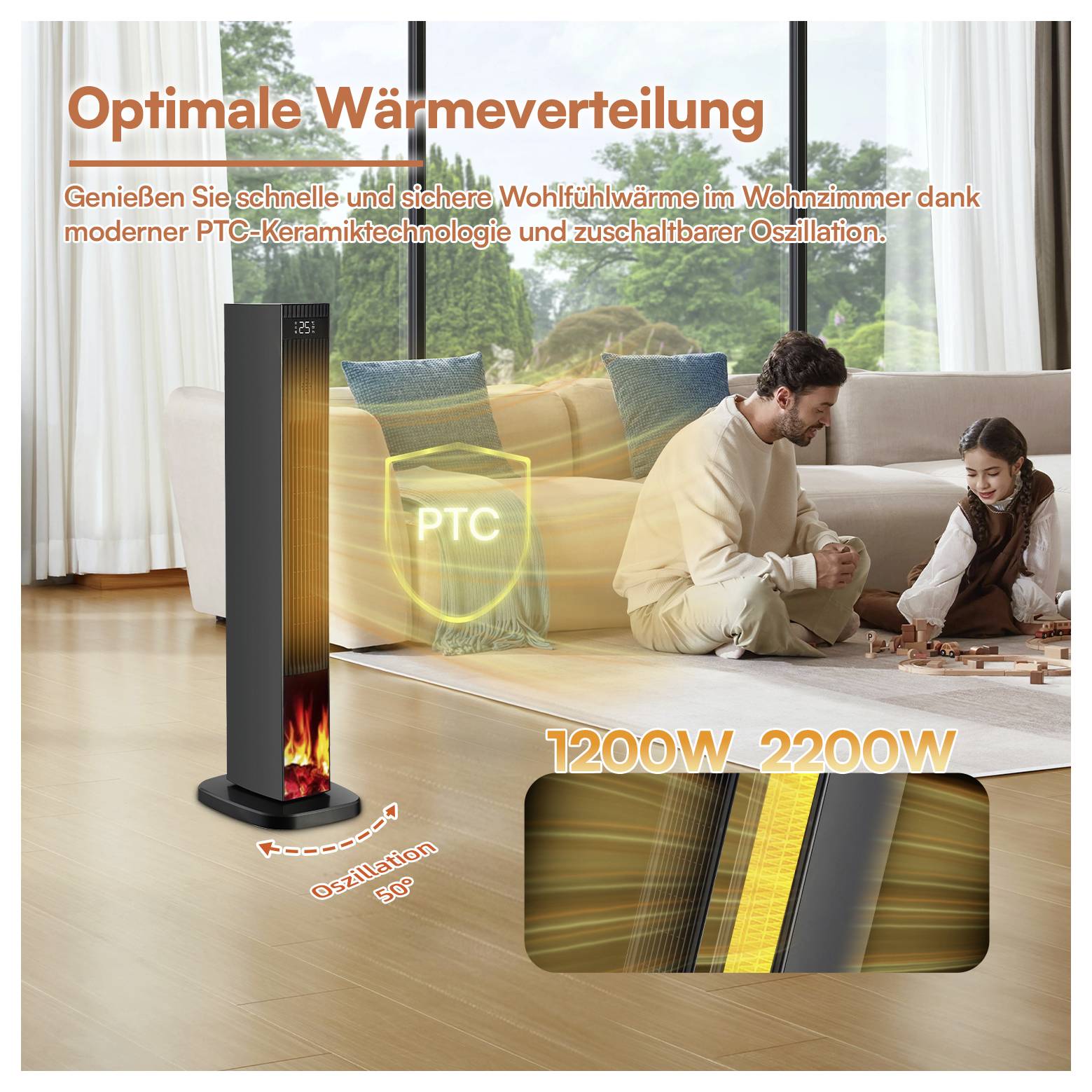 Promotional image of a PTC ceramic tower heater in a living room, highlighting adjustable oscillation 50° and 1200W-2200W power with 'Optimal heat distribution' text.