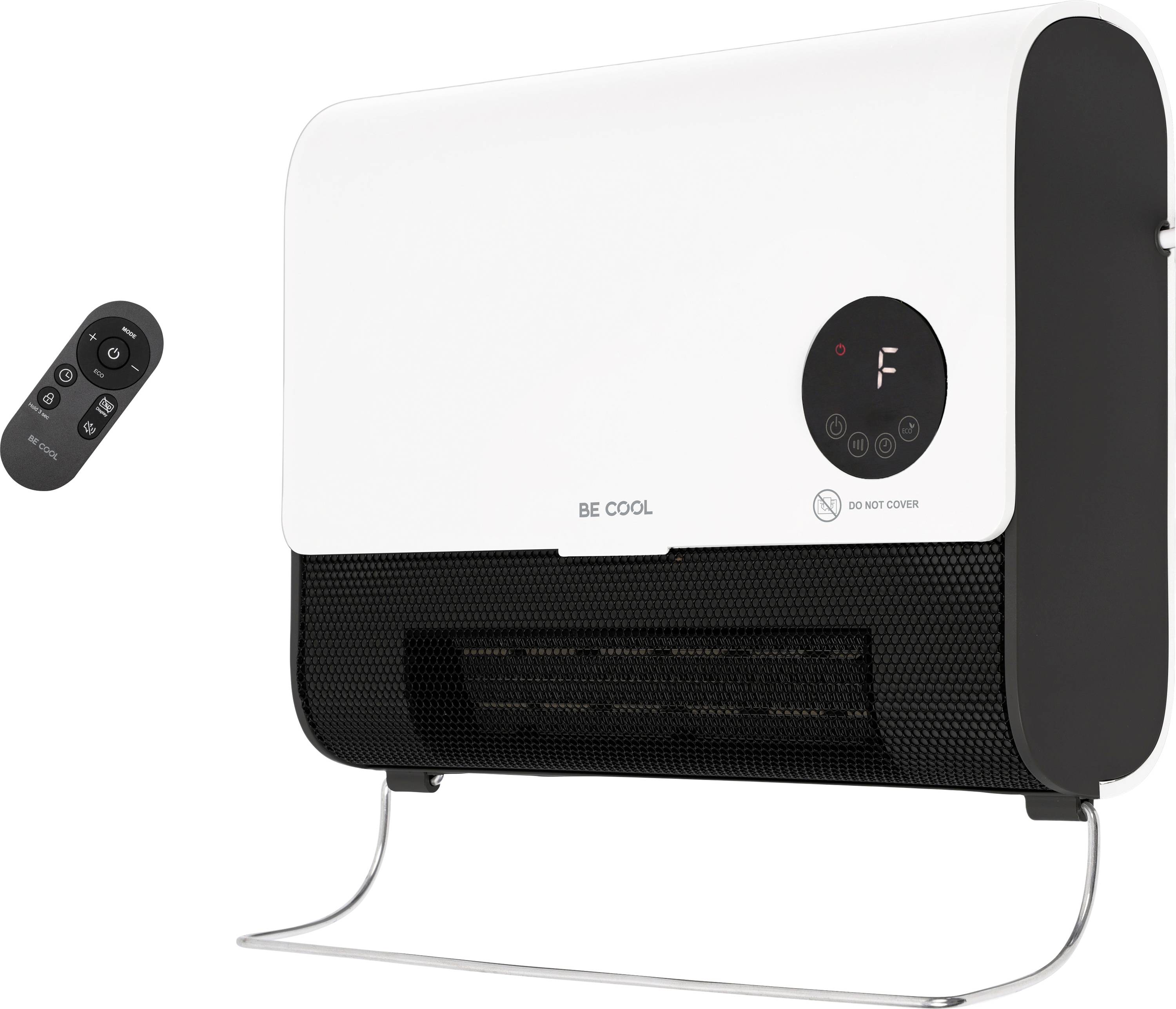 White and black portable heater on a stand with remote control, showing a digital display and front vent.