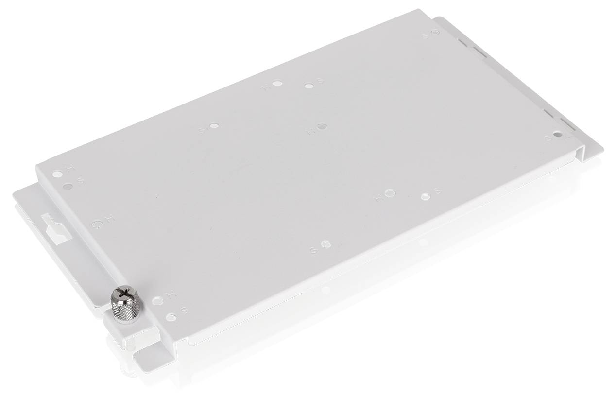 Silver rectangular metal mounting plate or electronic module housing shown on a white background, viewed at an angle.