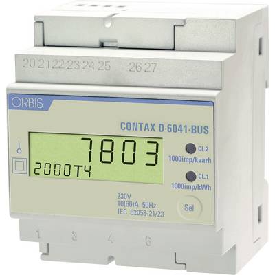 Digital electricity meter display showing reading 7803, labeled ORBIS CONTAX D-6041-BUS with 2000T4 on the screen.<br>