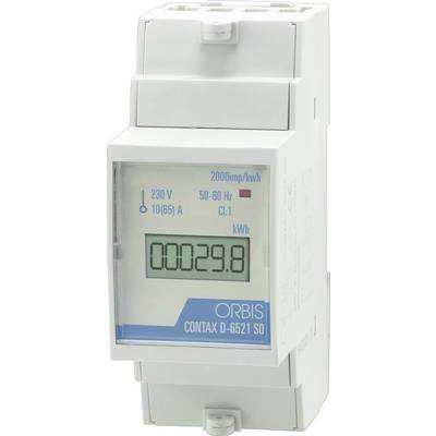 Digital electricity meter showing reading 0029.8 kWh, labeled ORBIS CONTAX D-6521 SD, with 230V and 10(65)A specifications.<br>