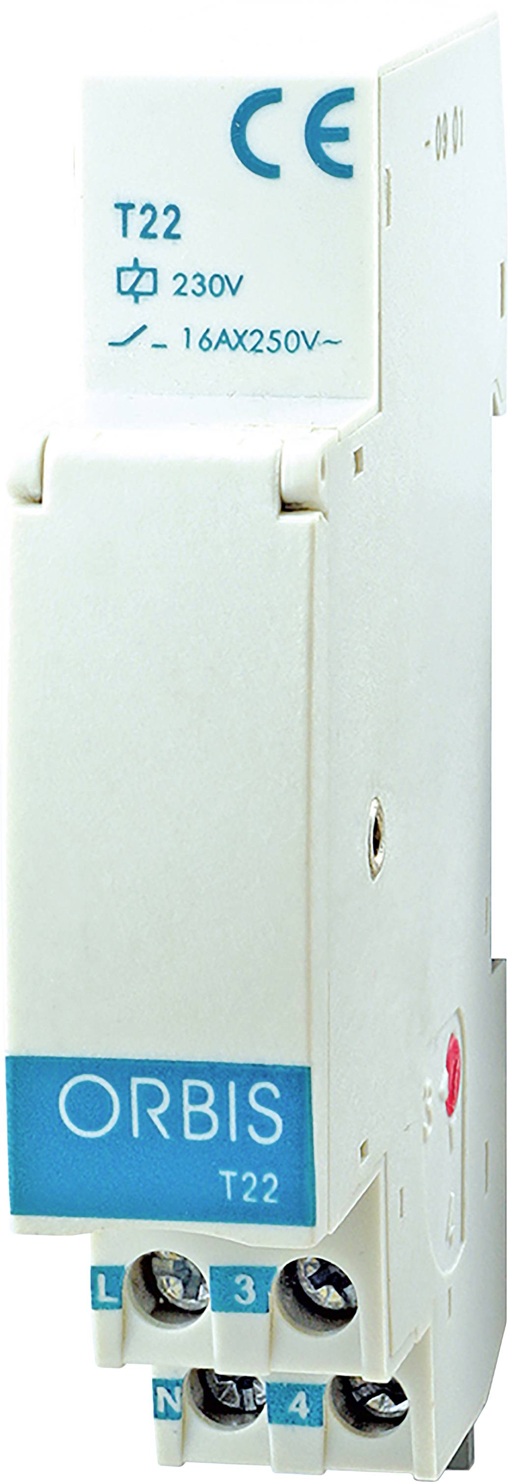 Close-up of an ORBIS T22 electrical relay or timer module labeled '230V' and '16AX 250V~', with terminal numbers visible.