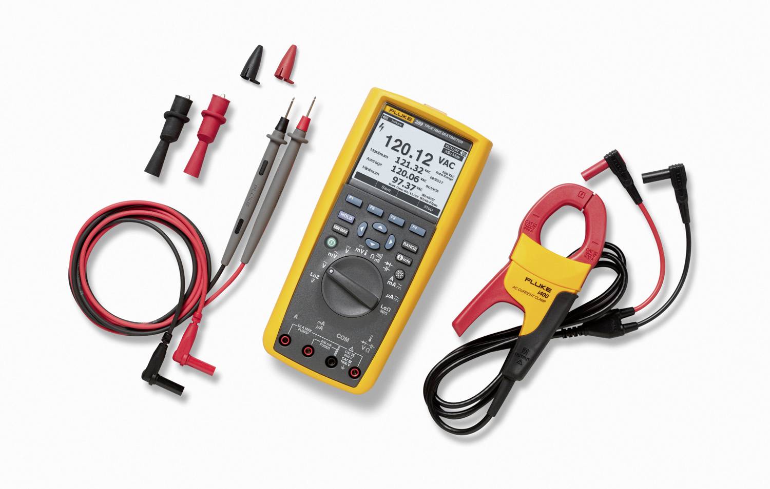Digital multimeter with probes and red clamp meter on a white background, showing electrical testing tools and accessories.