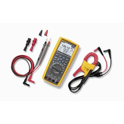 Digital multimeter with probes and red clamp meter on a white background, showing electrical testing tools and accessories.