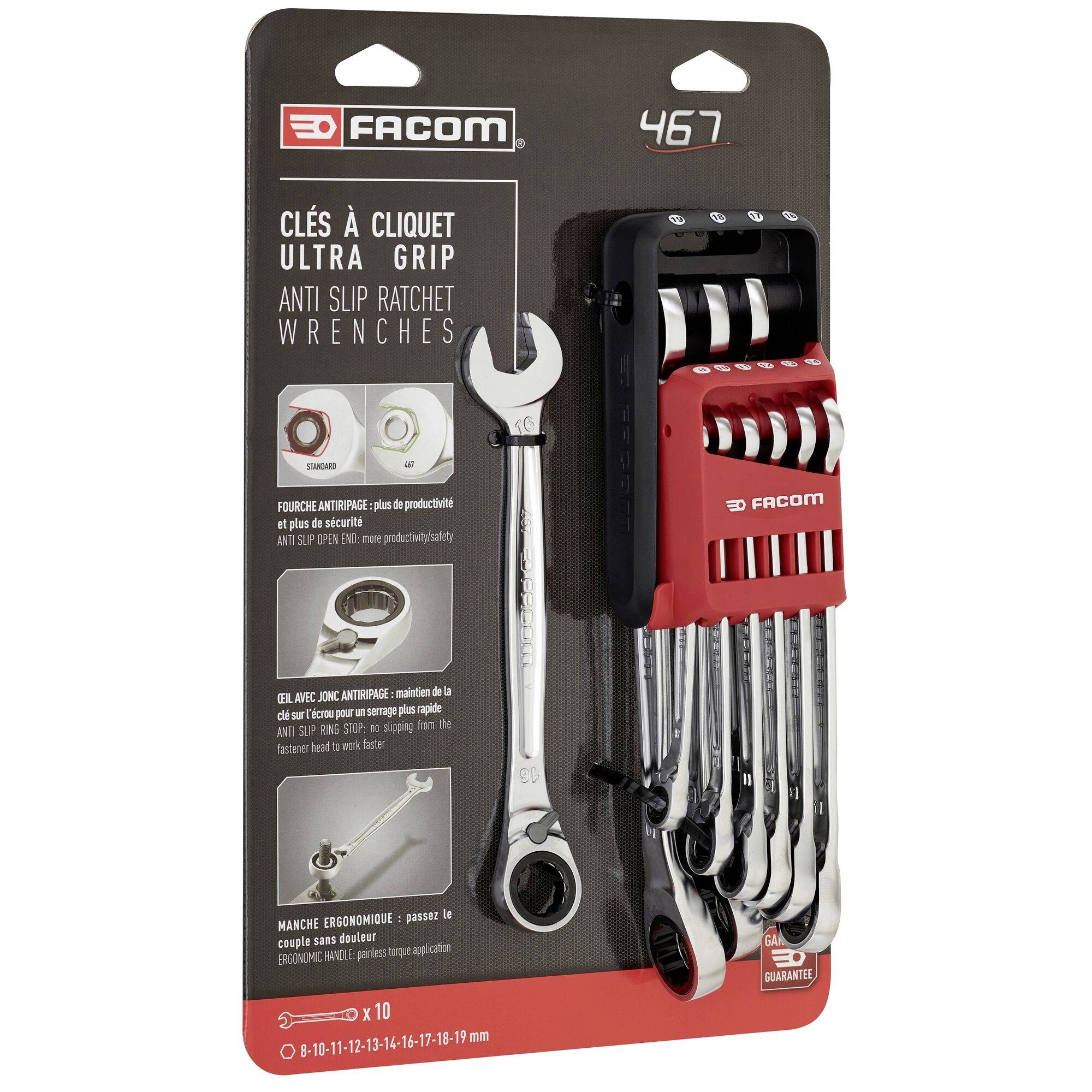Facom Ultra Grip anti-slip ratchet wrench set, model 467, with multiple wrenches and sizes 10-19 mm shown on retail packaging.