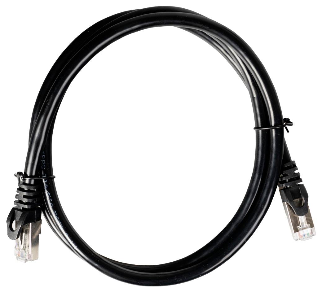 Black Ethernet cable coiled in a circle, with RJ45 connectors on both ends.