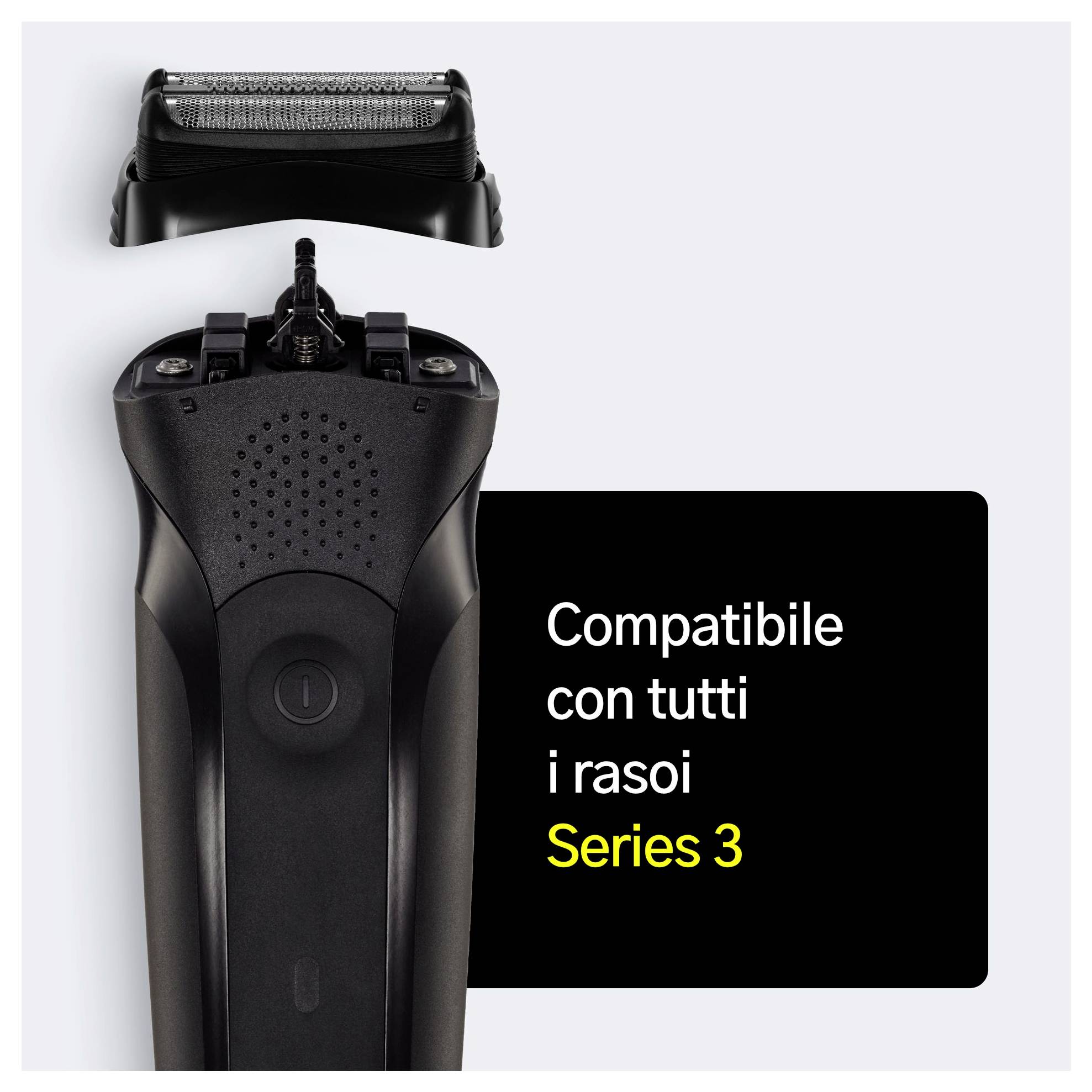 Photo of an electric shaver with the head shown above it and text saying 'Compatibile con tutti i rasoi Series 3' indicating Series 3 compatibility.