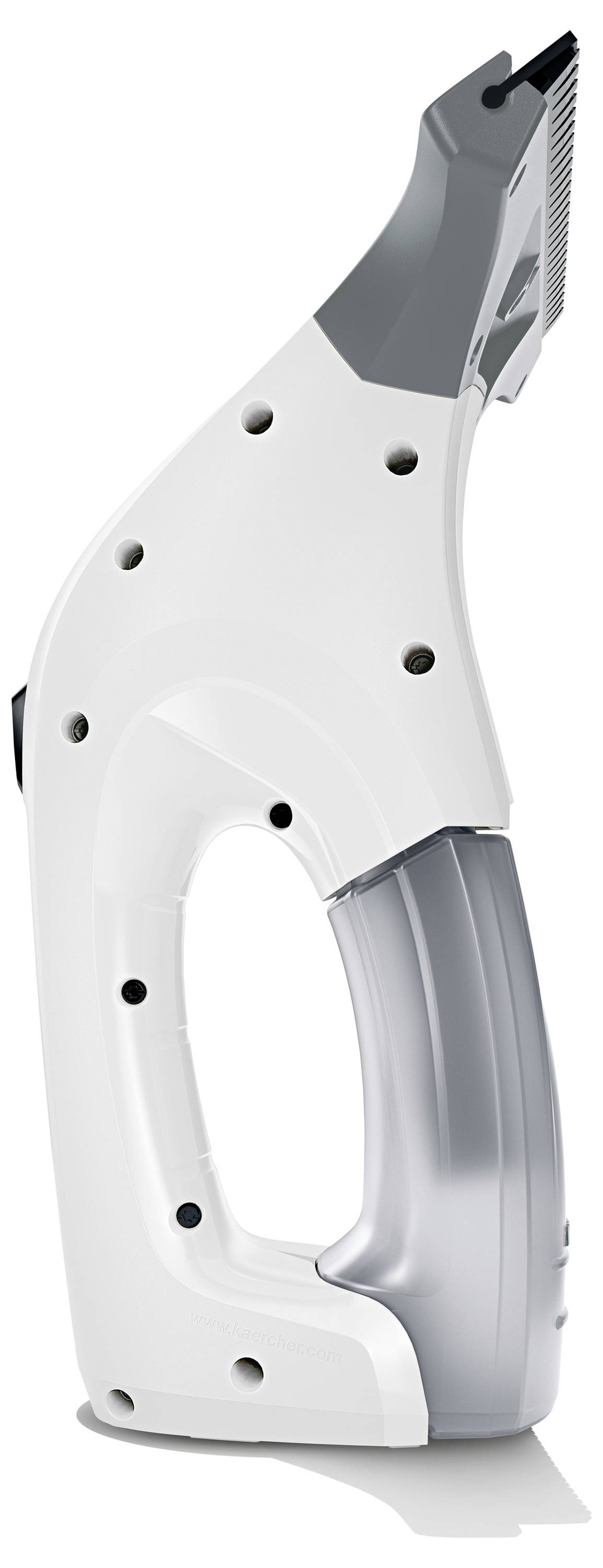 White and gray electric hand saw with a curved handle, shown upright on a plain background.