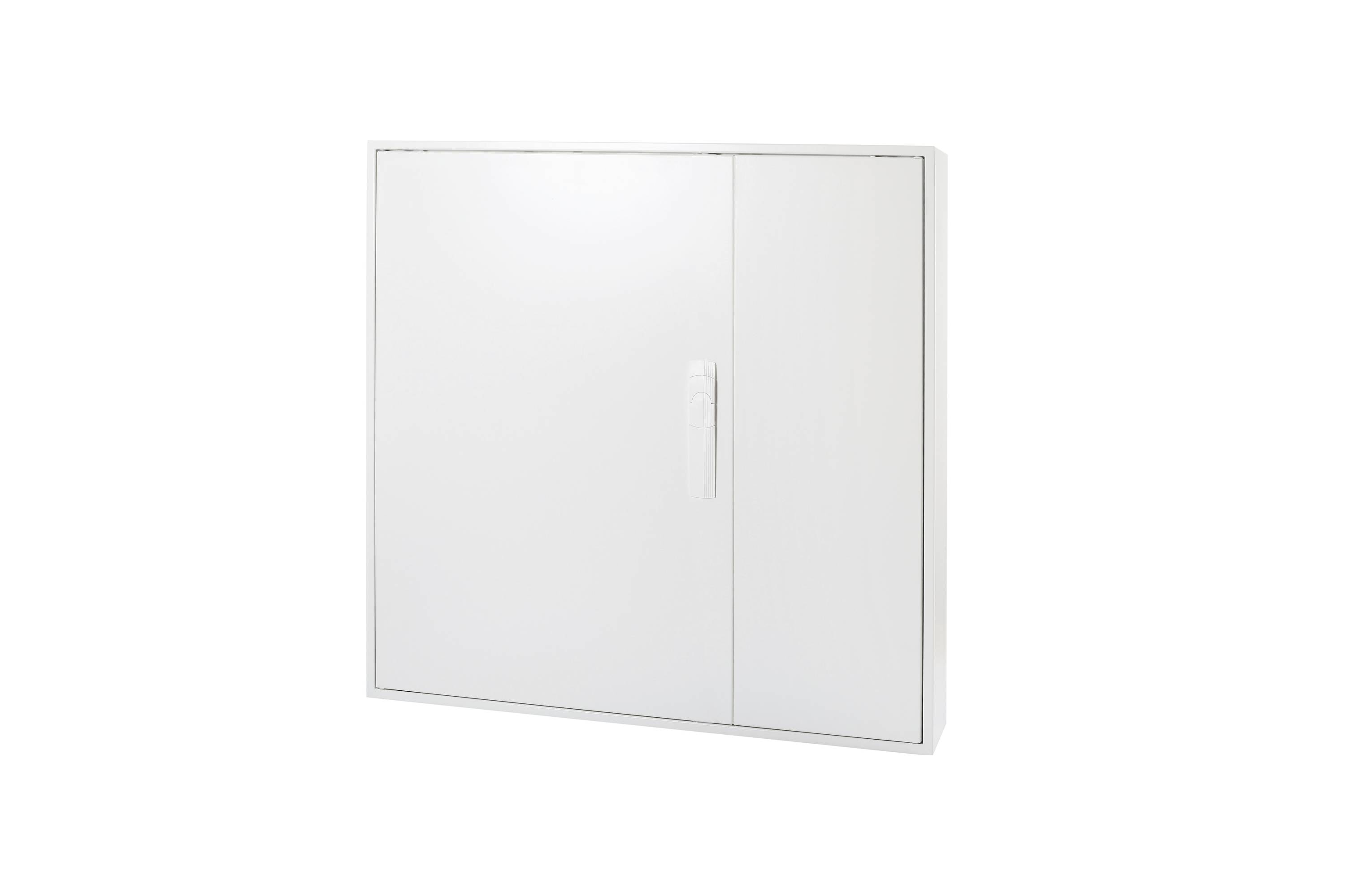 White wall cabinet with two doors and a centered vertical handle, shown against a plain white background.