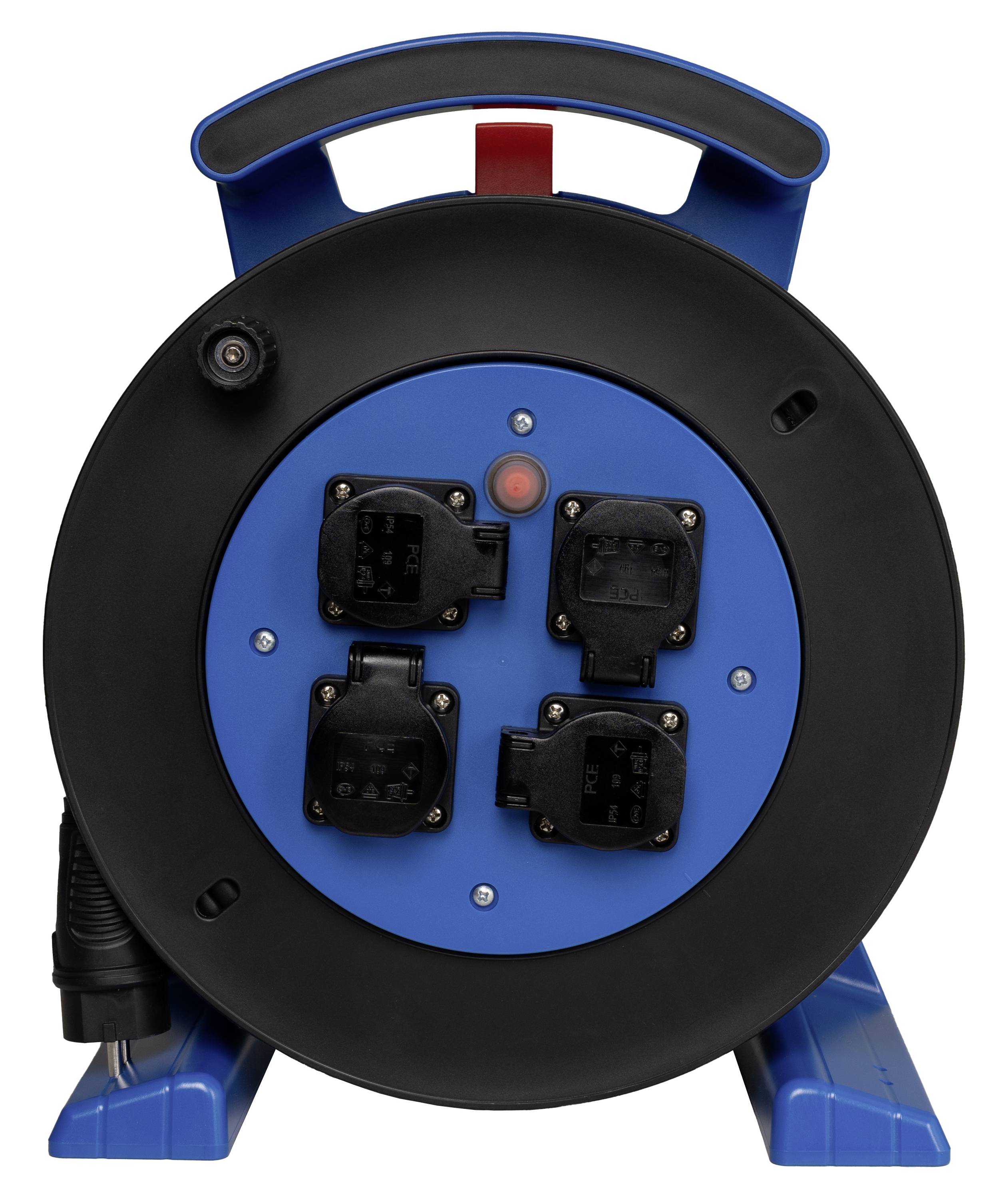 Front view of a blue and black cable reel with four power outlets and a handle, shown on a white background.