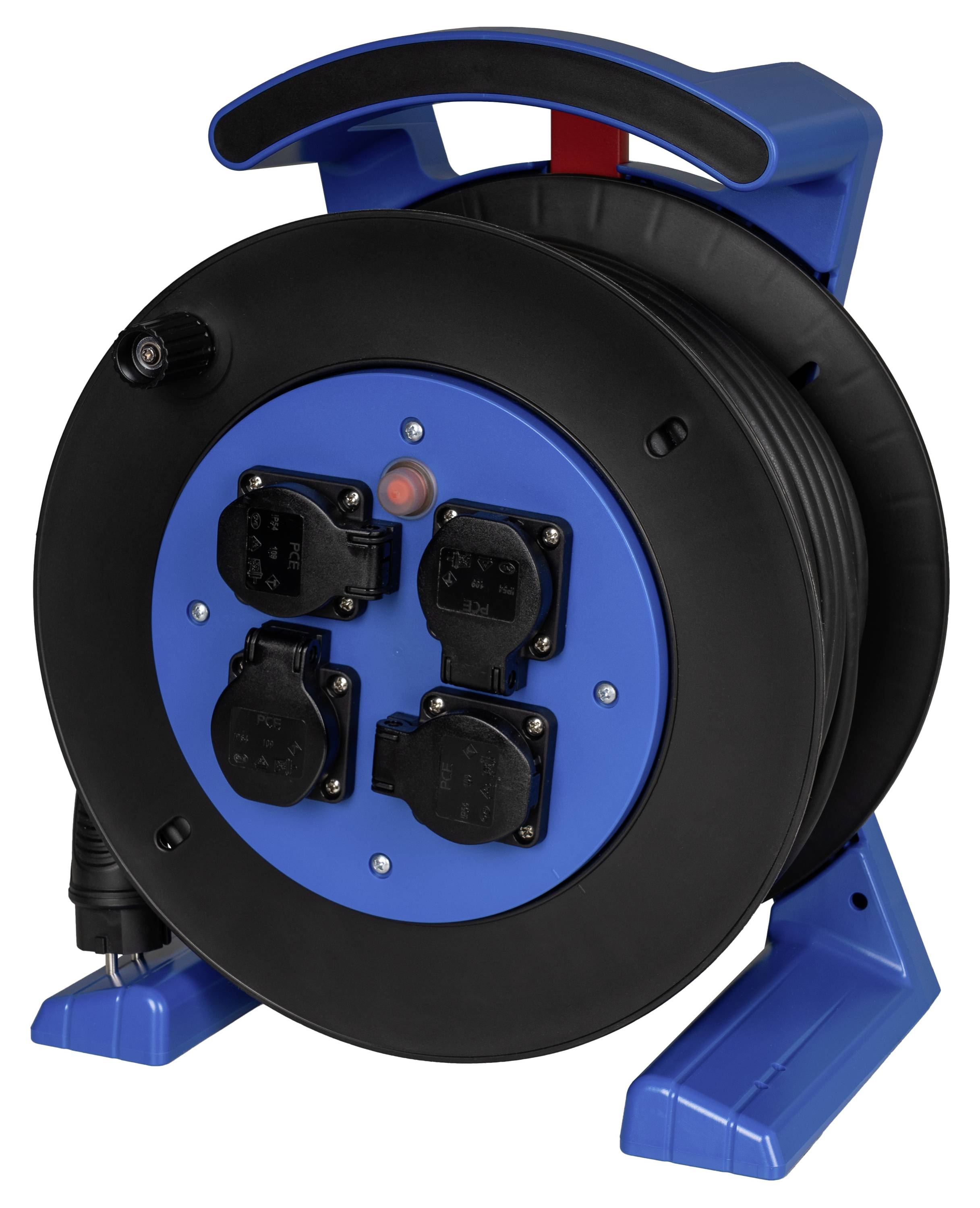 Portable cable reel with four power outlets on a blue frame and black spool handle.
