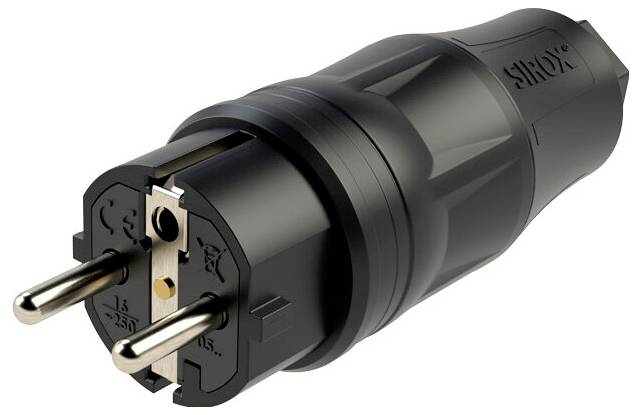Black Schuko-style electrical plug adapter with two round metal prongs and a grounded socket housing.