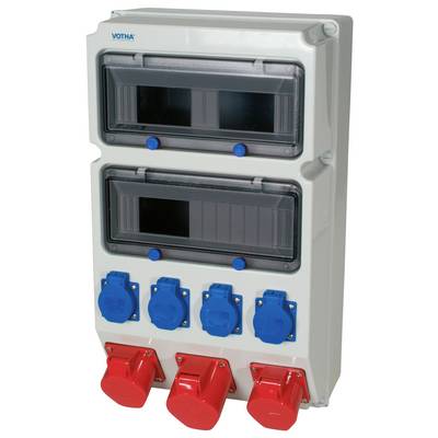 Wall-mounted electrical distribution box with two clear access windows and multiple blue and red industrial power outlets.