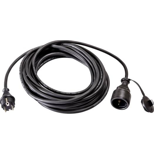 Coiled black extension cord with two plug ends on a white background.