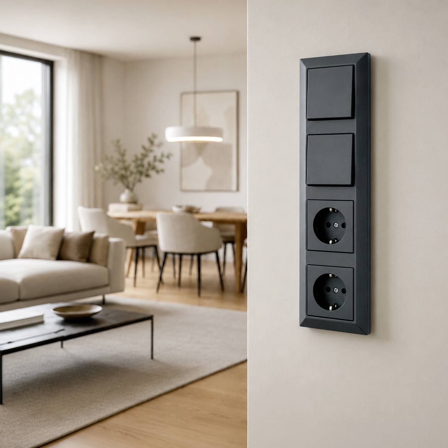 Dark wall switch panel with two switches and two power outlets mounted on a beige wall in a modern living room<br>