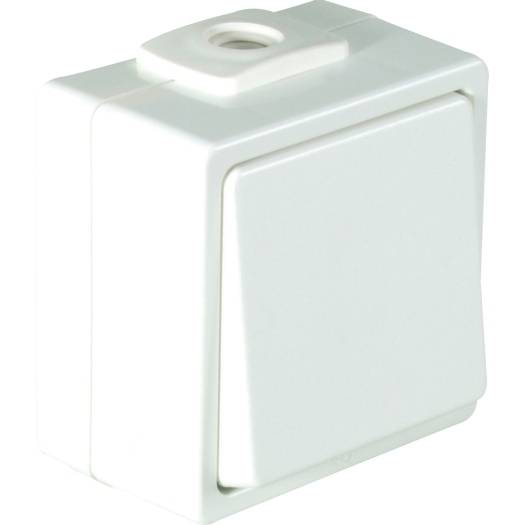 White plastic electrical wall switch or junction box with a single square rocker panel on a plain background.