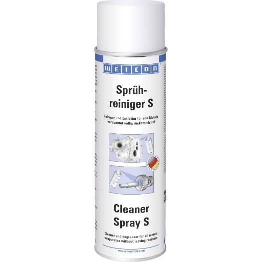 A white WEICON aerosol can labeled 'Sprühreiniger S' and 'Cleaner Spray S' for cleaning and degreasing metal parts.<br>