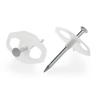 Two white plastic picture hangers with nails, shown separately on a white background.