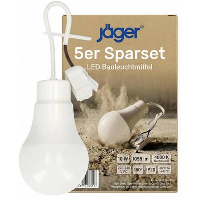 Jäger 5-piece LED bulb set packaging, showing a white bulb and adapter, with labels for 10 W, 1055 lm, 4000 K, 160° beam, and IP20.