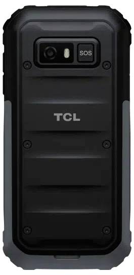 Black rugged TCL mobile phone with rear camera, flash, and SOS button.