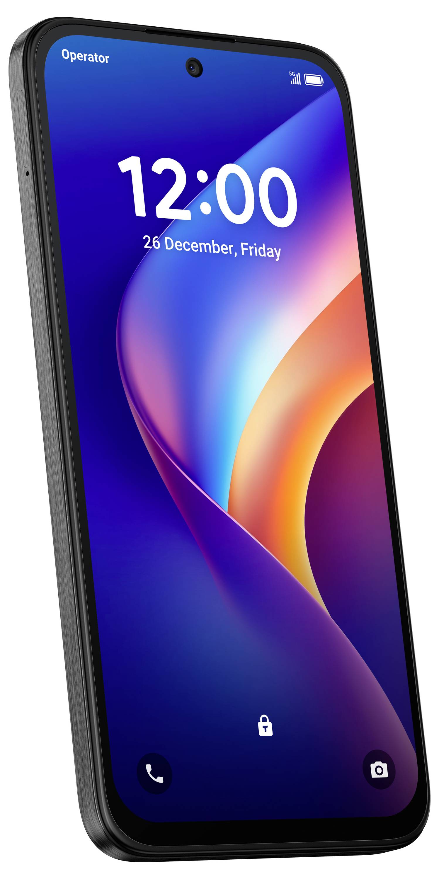 A smartphone lock screen showing 12:00 and '26 December, Friday' on a colorful abstract wallpaper, with phone and camera icons at the bottom.