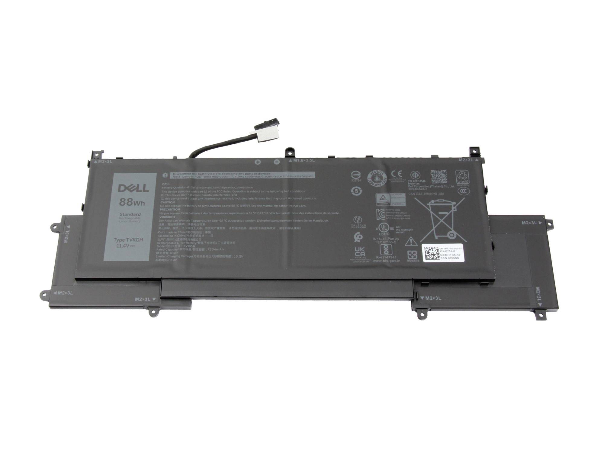 Dell 88Wh laptop battery pack with connector cable, shown on a white background.