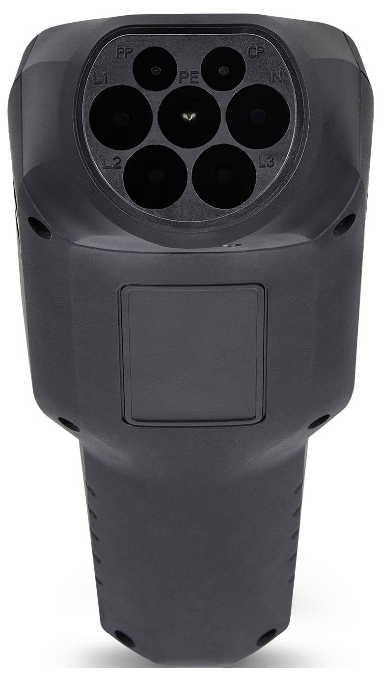 Front view of a black electric vehicle charging connector with seven round sockets and a protective cap on the lower body.