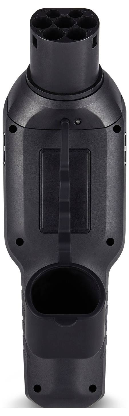 Black plastic electric vehicle charging connector or dock shown front view, with multiple circular socket openings and a large central handle panel.
