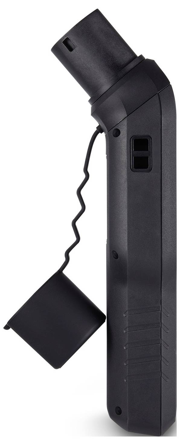 Black handheld device with a dangling square sensor or cover attached by a wavy cable, shown in side view on a white background.