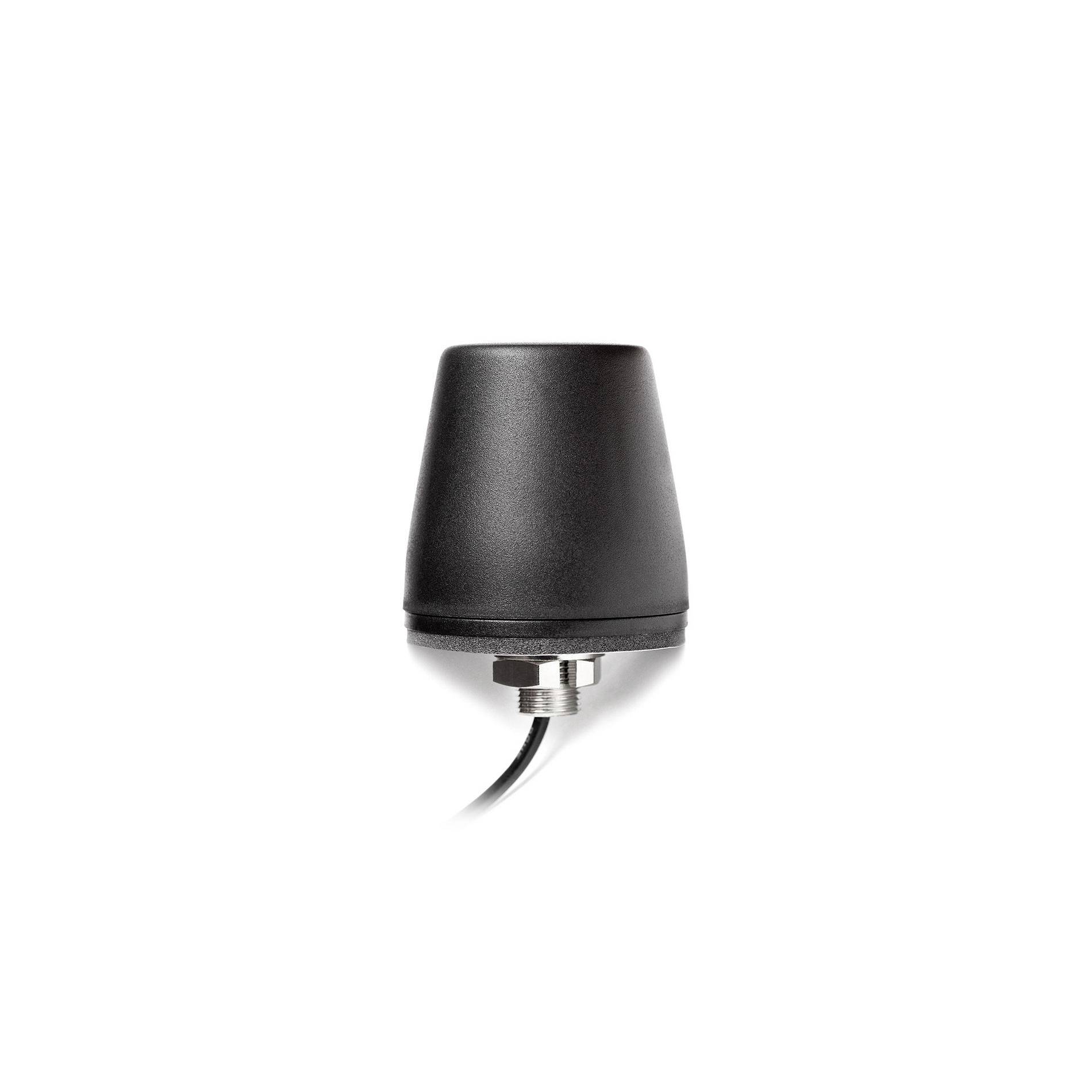 Black cylindrical external antenna with a threaded metal base and attached cable, shown on a white background.