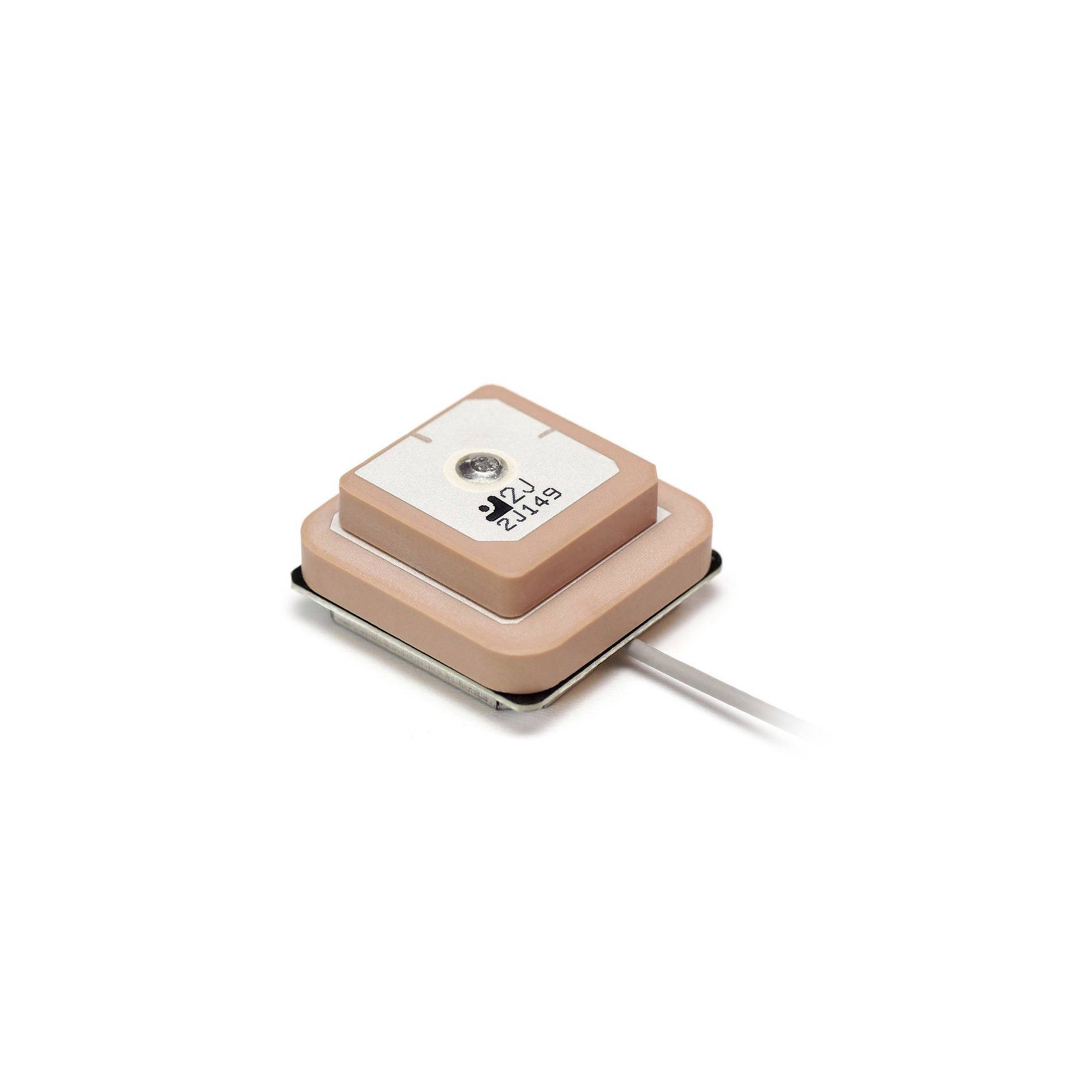 Small square GPS antenna module with attached cable, shown on a white background.<br>