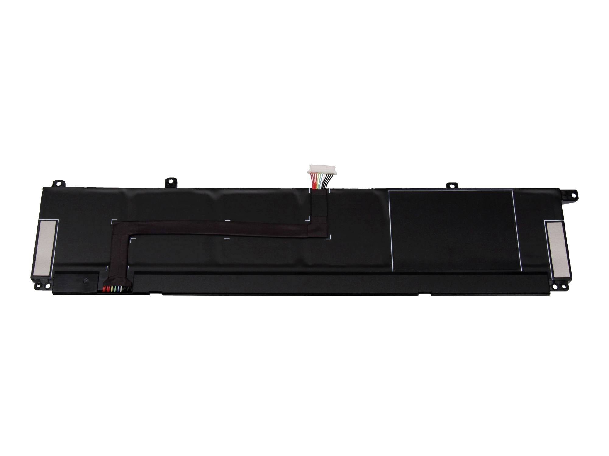 Black laptop battery pack with connector cable and mounting tabs, shown isolated on a white background.